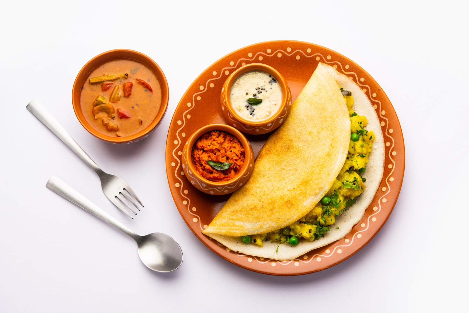 A dosa, also called dosai, dosey, or dosha, is a thin pancake in South Indian cuisine